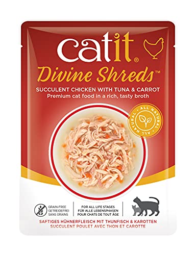Catit Divine Shreds, Premium Katzenfutter, Trockenfuttertopping, Topping für Trockenfutter, mit Hühnerfleisch mit Thunfisch und Karotten, 1er Pack, 75g von Catit