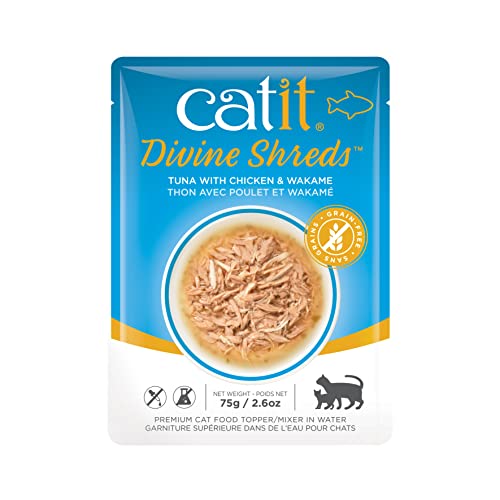 Catit Divine Shreds, Premium Katzenfutter, Trockenfuttertopping, Topping für Trockenfutter, mit Thunfsch mit Hühnerfleisch und Wakame, 1er Pack, 75g von Catit