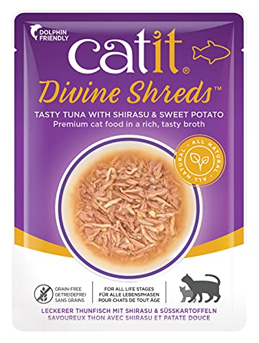 Catit Divine Shreds, Premium Katzenfutter, Trockenfuttertopping, Topping für Trockenfutter, mit Thunfsch mit Shirasu und Süßkartoffeln, 1er Pack, 75g von Catit