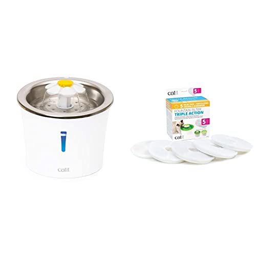 Catit Flower Fountain, Blumentrinkbrunnen mit Edelstahleinsatz, für Katzen, 3L, weiß/Edelstahl & 2.0 Triple Action Filter, 3fach wirksamer Ersatzfilter, Trinkbrunnenfilter, 5er Pack Catit Flower Fountain, Blumentrinkbrunnen mit Edelstahleinsatz, für Katzen, 3L, weiß/Edelstahl & 2.0 Triple Action Filter, 3fach wirksamer Ersatzfilter, Trinkbrunnenfilter, 5er Pack von Catit