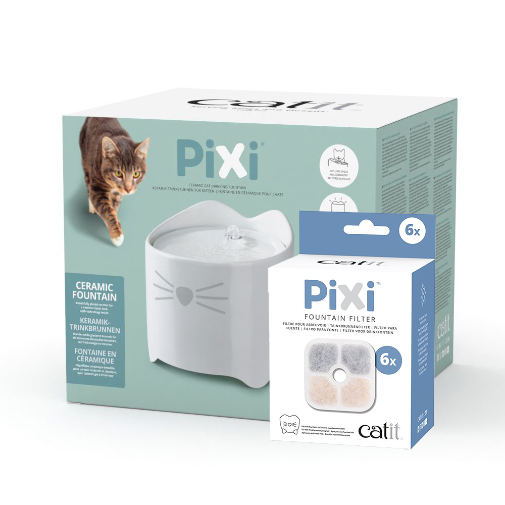 Catit Pixi Keramiktrinkbrunnen, weiß - Sparset: Trinkbrunnen 1,7 l & 6 Ersatzfilter von Catit
