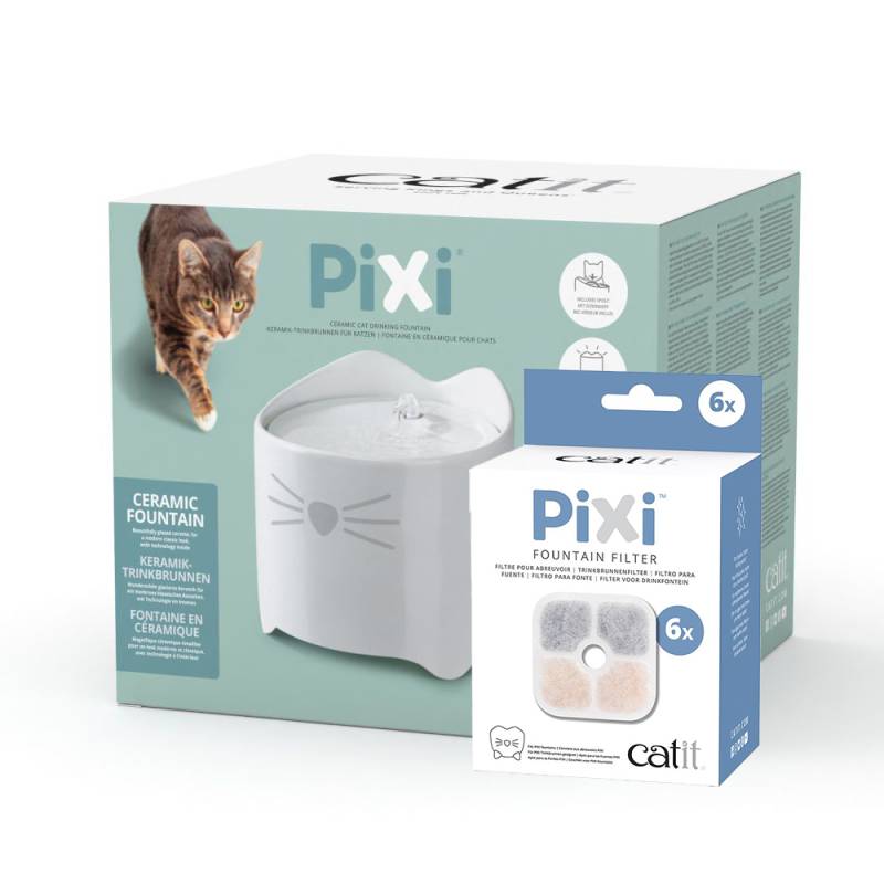 Catit Pixi Keramiktrinkbrunnen, weiß - Sparset: Trinkbrunnen 1,7 l & 6 Ersatzfilter von Catit