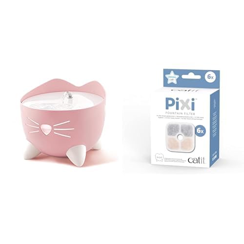 Catit Pixi Trinkbrunnen für Katzen, 2,5L, pink & 43722 Pixi Ersatzfilter, Trinkbrunnenfilter für die Catit Pixi Trinbrunnen, 6er Pack von Catit