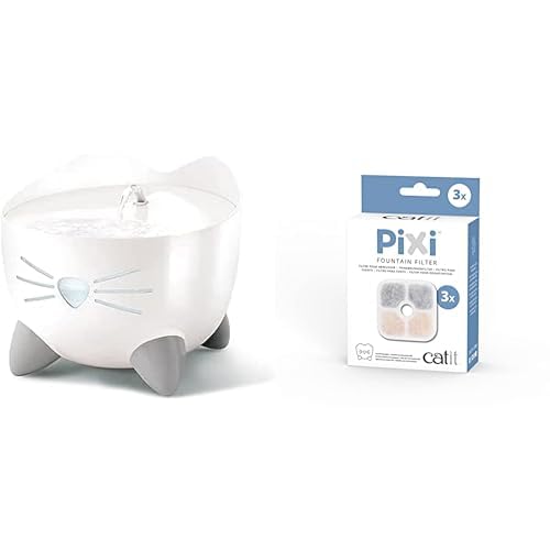 Catit Pixi Trinkbrunnen für Katzen, 2,5L, weiß + Pixi Ersatzfilter, Trinkbrunnenfilter für die Catit Pixi Trinbrunnen, 3er Pack von Catit