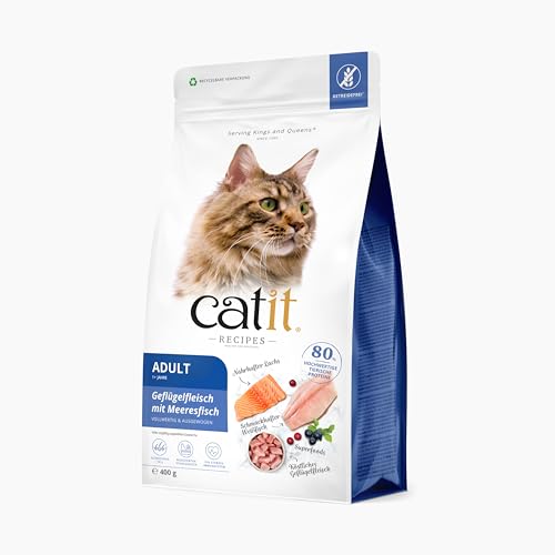 Catit Recipes - Premium Trockenfutter für Katzen - mit Geflügelfleisch und Meeresfisch, für ausgewachsene Katzen, Alleinfuttermittel, 400g, hilft unangenehmen Stuhlgeruch zu reduzieren von Catit