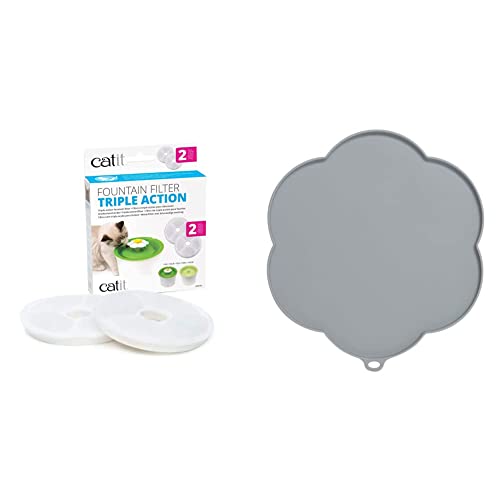 Catit Triple Action Filter, 3fach wirksamer Ersatzfilter, Trinkbrunnenfilter, 2er Pack & Silikonmatte in Blumenform, wasserdichte Unterlage für Trinkbrunnen, 30cm, grau, 1 Stück (1er Pack) von Catit