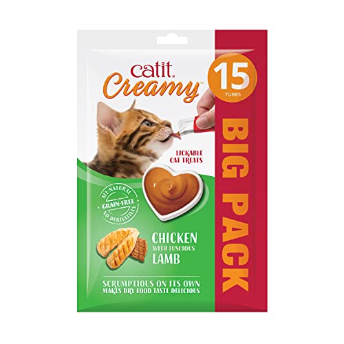 Creamy flüssigkeitsspendende Leckpaste für Katzen mit Huhn und Lamm, 15 x 10g von Catit