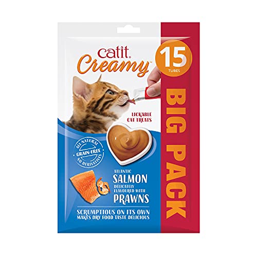 Creamy flüssigkeitsspendende Leckpaste für Katzen mit Lachs und Garnelen, 15 x 10g von Catit