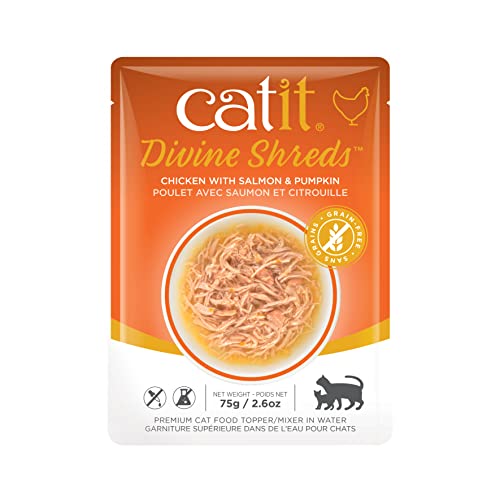 Catit Divine Shreds, Premium Katzenfutter, Trockenfuttertopping, Topping für Trockenfutter, mit Hühnerfleisch mit Lachs und Kübis, 1er Pack, 75g von Catit