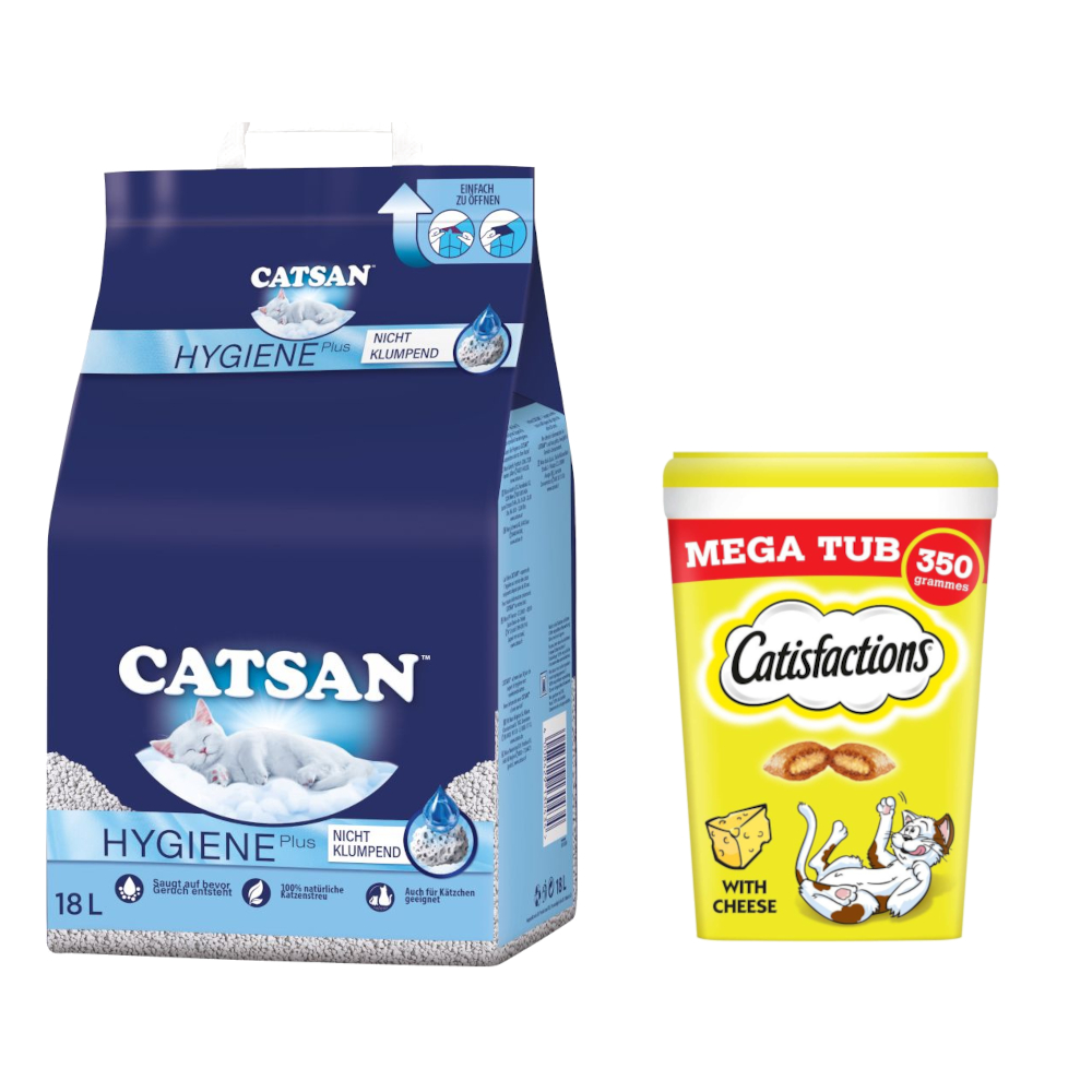 18 l Catsan Katzenstreu + 2 x 350 g Dreamies Snacks zum Sonderpreis! - Hygiene plus Katzenstreu + Katzensnacks mit Käse von Catsan