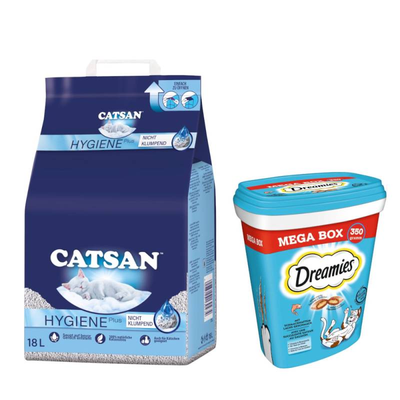 18 l Catsan Katzenstreu + 2 x 350 g Dreamies Snacks zum Sonderpreis! - Hygiene plus Katzenstreu + Katzensnacks mit Lachs von Catsan