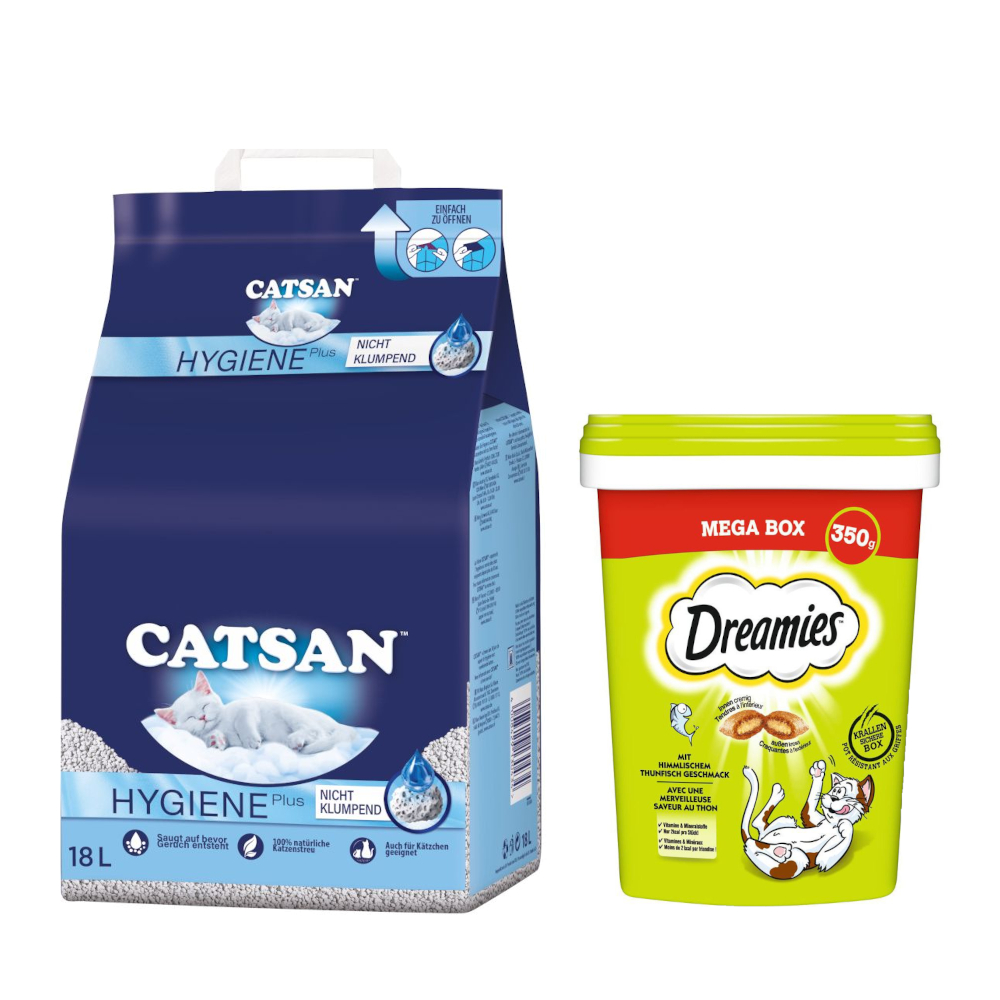 18 l Catsan Katzenstreu + 2 x 350 g Dreamies Snacks zum Sonderpreis! - Hygiene plus Katzenstreu + Katzensnacks mit Thunfisch von Catsan