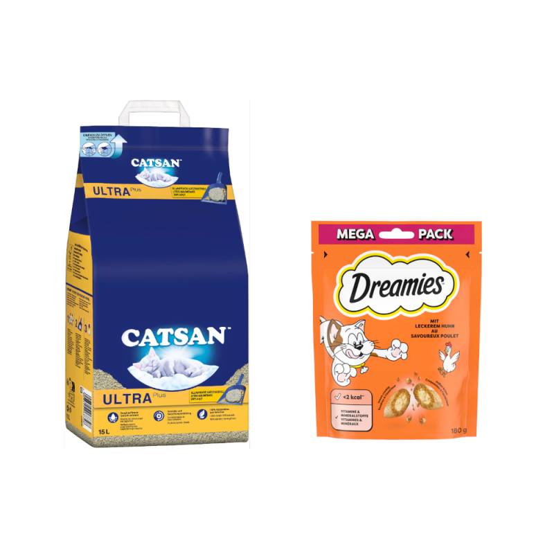 Catsan Katzenstreu + Whiskas/Dreamies Snack gratis! - 15 l Ultra plus Klumpstreu + 180 g Dreamies Mega Pack mit Huhn von Catsan