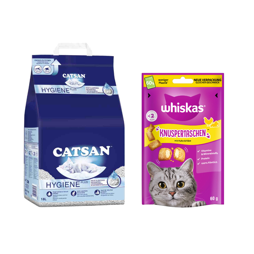 Catsan Katzenstreu + Whiskas/Dreamies Snack gratis! - 18 l Hygiene plus + 60 g Whiskas Knuspertaschen mit Huhn & Käse Catsan Katzenstreu + Whiskas/Dreamies Snack gratis! - 18 l Hygiene plus + 60 g Whiskas Knuspertaschen mit Huhn & Käse von Catsan