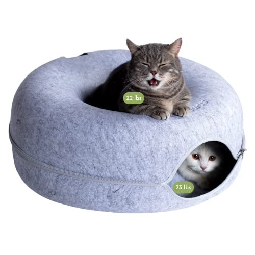 Cattasaurus Peekaboo Katzenhöhle für mehrere und große Katzen bis zu 13,6–20,4 kg, abnehmbares und waschbares Tunnelbett, bequeme Donut-Katzenhöhle (Hellgrau, groß) von Cattasaurus