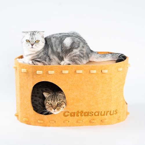 CATTASAURUS Tragbares Katzenhaus, faltbare Katzenbetten für Indoor-Katzen, geschlossene Peekaboo-Höhle für mehrere Katzen bis zu 11,8 kg, kratzfeste Etagenbetten, Tunnel, Zelt, Versteck & Couch (Kamel von Cattasaurus