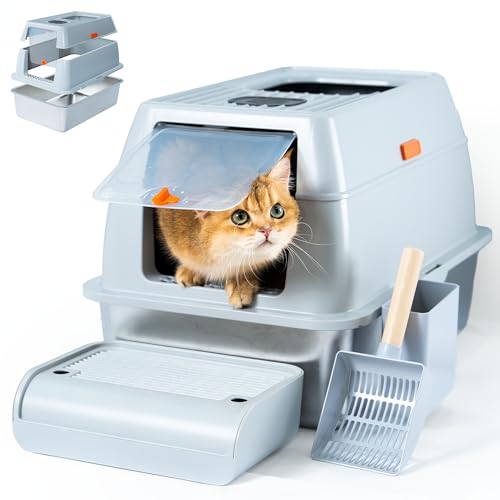 CATTASAURUS XL Katzentoilette aus Edelstahl mit Deckel für große Katzen bis zu 18 kg, abnehmbares Kitty-Katzentoilettengehäuse, hohe Seiten, obere Einstiegsklo groß, inklusive robuster Schaufel und von Cattasaurus