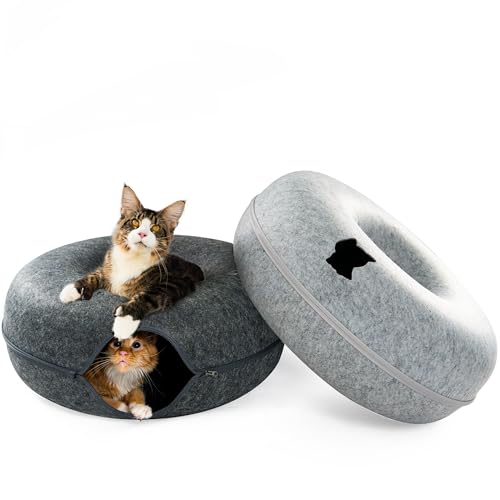 Cattasaurus Peekaboo Katzenhöhle für mehrere und große Katzen bis zu 13,6–20,4 kg, abnehmbares und waschbares Tunnelbett, bequeme Donut-Katzenhöhle (Hellgrau + Dunkelgrau, Jumbo) von Cattasaurus