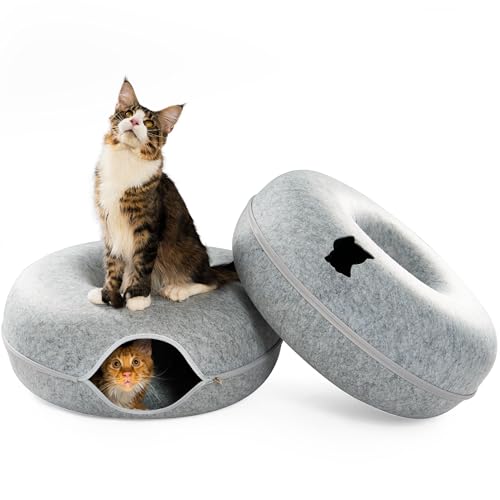 Cattasaurus Peekaboo Katzenhöhle für mehrere und große Katzen bis zu 13,6–20,4 kg, abnehmbares und waschbares Tunnelbett, bequeme Donut-Katzenhöhle (Hellgrau + Hellgrau, Jumbo) von Cattasaurus