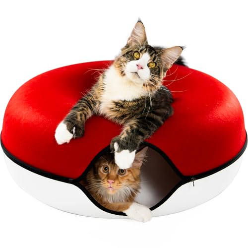 Cattasaurus Peekaboo Katzenhöhle für mehrere & große Katzen bis zu 13,6–20,4 kg, kratzbares abnehmbares und waschbares Tunnelbett, bequeme Donut-Katzenhöhle (Rubin, Schneeball, Jumbo) von Cattasaurus