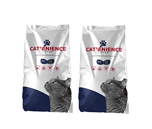 Catvenience Holzpellet Katzenstreu | 60 Liter (66 Ibs) | Hervorragende Geruchskontrolle | Hohe Feuchtigkeitsaufnahme | Umweltfreundlich und sanft zu Ihrem Katzenfreund | 2 x 30 Liter - Doppelpack von Catvenience Litter