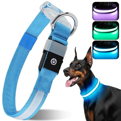 CAWJUG Leuchtende Hundehalsband, wiederaufladbar, blinkendes Hundehalsband, 3 Leuchtmodi, LED-Hundehalsband mit verstellbarem, weichem und luftigem Gurt für kleine bis große Hunde (Blau, M) von Cawjug