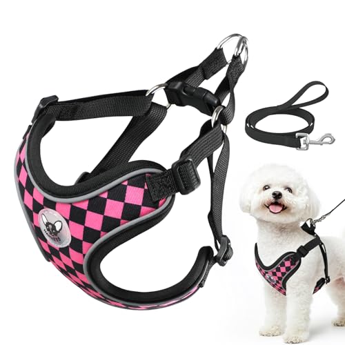 Cawjug Hundegeschirr und Leine Set, Weiches Einstellbares Reflektierendes Schritt-in-Westengeschirr für Welpen Extra-Klein Mittelgroße Hunde, Verstellbares Welpengeschirr (Rosa, M) von Cawjug