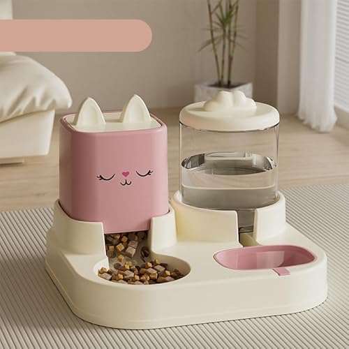 Automatischer Futterspender und Wasserspender für Haustiere, Katzen-Design, Futternapf mit Aufbewahrungsbehälter, Rosa und Weiß von CaxnzvFan