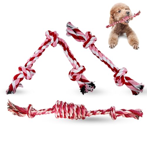 Cdyzqikm Puppy 3 Pack Cotton Knot Rope Toys for Small Dogs & Puppies, Durable Tething & Tug of War Chew Toy, Safe Interactive Toy for 2-8 Months Pets and High Active Puppy (Pink, Small) von Cdyzqikm