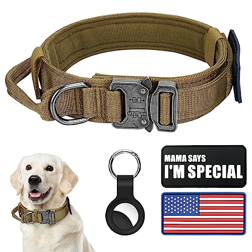 Taktisches Hundehalsband, Militär-Hundehalsband, verstellbar, Nylon, robuste Metallschnalle mit Griff für Hundetraining, mit Patches (Braun, XL) von Celifelight