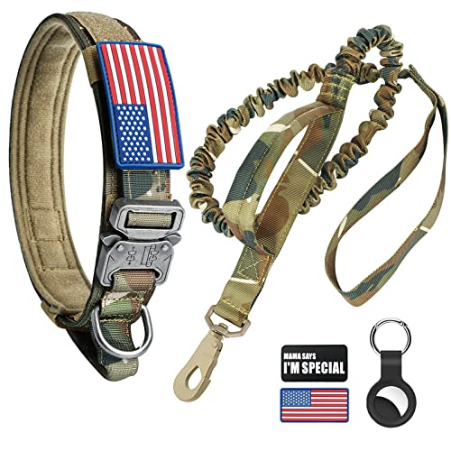 Taktisches Hundehalsband und Bungee-Leine, Camouflage-Militär-Hundehalsband und Leine, Set mit USA-Flagge, mit Patches und Airtags-Hülle (L, Camo) von Celifelight