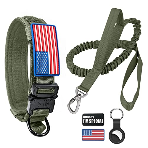 Taktisches Hundehalsband und Bungee-Leine, Camouflage-Militär-Hundehalsband und Leine, Set mit USA-Flagge, mit Patches und Airtags-Hülle (L, grün) von Celifelight