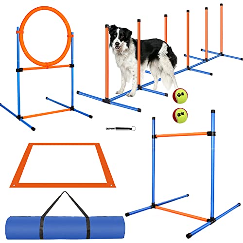 JMMPOO Dog Agility Training Equipment, Pet Obstacle Course Training Starter Kit Dog Indoor Outdoor Game with Adjustable Jump Ring, Agility Hurdle, Weave Poles, Pause Box, Tennis Toys and Carrying Bag von Cenyo