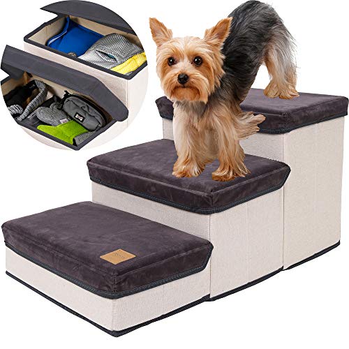 kingwolfox Dog Step Stair, Pet Storage Stepper, Foldable Pet Step for Couch Sofa with Velcro and 3 MDF Storage Boxes Suitable for Cats and Small Dogs up to 20 pounds(Total Height of Steps: 12") B von Cenyo