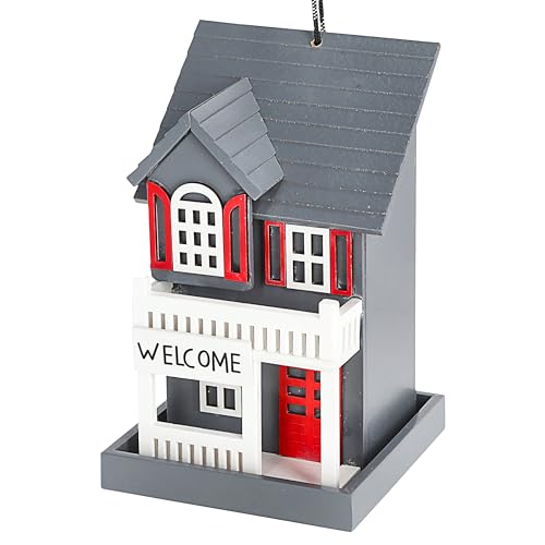 Vogelhaus zum Aufhängen 'Welcome' | 12x19cm grau rot MDF | Häuschen Futterstation Vogelkasten Veranda Balkon (1 x Vogelhaus grau/rot) von Cepewa