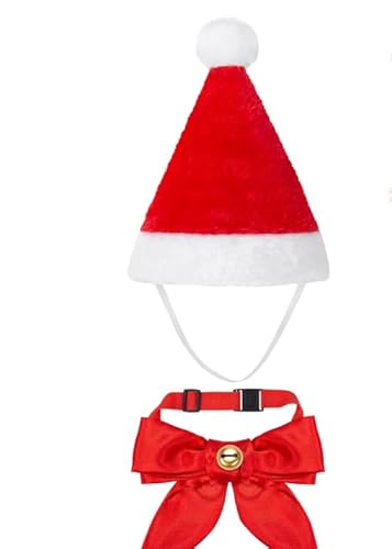 2 Stück Weihnachten Hundekostüm Katzenkostüm, Weihnachtsmützen Für Katzen, Weihnachten Haustier Halsband, Hunde Katzen Weihnachtsmützen Und Fliege Halsband, Für Haustier, Rot von Cerioll
