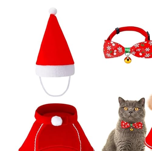 3 Stück Weihnachten Hundekostüm Katzenkostüm, Weihnachtskostüm Für Katzen Hunde, Haustier Kostüm Katze Weihnachten, Mit Weihnachtsmütze, Fliege Halsband, Roter Umhang, Outfit for Dogs Cats von Cerioll