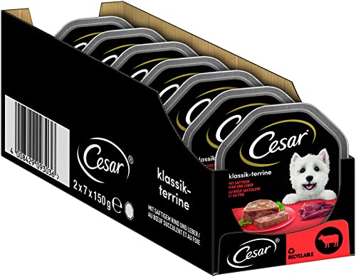 Cesar Adult Hundenassfutter Klassik-Terrine mit saftigem Rind und Leber, 14 Schalen, 14x150g – Premium Hundefutter nass, ohne Zuckerzusatz, künstliche Aroma– oder Farbstoffe von Cesar