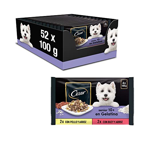 Cesar Senior 10+ Hundefutter Nassfutter Selektion in Gelee mit Huhn/Rindfleisch und Reis, 13 x (4 x 100g) von Cesar