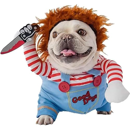 ChAusa Hundekostüm Halloween, Halloween Kostüm Hund Groß Spaß, Dog Costume mit Perücke und Messer, Kostüm Hund Rollenspiel Hundekleidung für Halloweenparty Spaziergang (L) von ChAusa