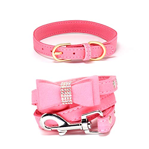 Charmsong Hundehalsband aus Wildleder, verstellbar, mit Leine, weich und langlebig, für kleine und mittelgroße Hunde, Neon-Pink, XS von Charmsong