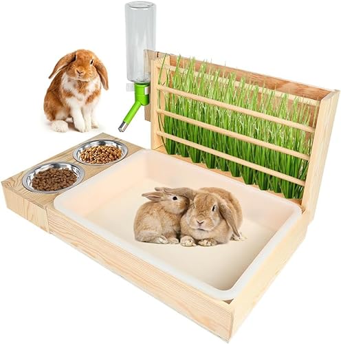 Kaninchen Katzentoilette mit Heu Futterspender - 4-in-1 Hasentoilette aus Holz mit Heuraufe für Meerschweinchen & Hamster von CheeFun
