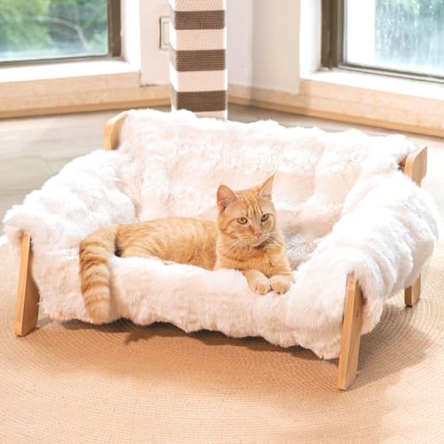 CheerPals Erhöhtes Katzenbett aus Buchenholz, 70x47cm Großes Katzensofa, Katzenstuhl mit Abnehmbarem Waschbar Plüschdecke (Baumwoll-Füllung), Belastbar mit 15 kg, zum Schlafen für Alle Katze von CheerPals