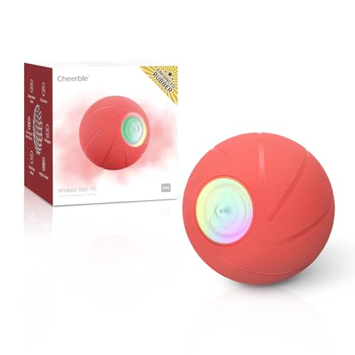 Cheerble Wicked Ball PE - Verbesserte Gummiversion Hundeball - Selbstrollender Hundespielzeug mit 3 Spielmodi & LED-Licht - Robustes interaktives Hundespielzeug für mittelgroße bis große Hunde (Rot) von Cheerble
