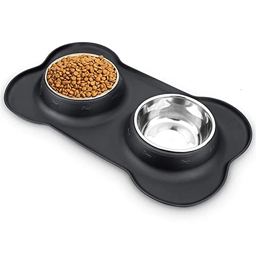 Antislip doppelte Hundeschüssel mit Silikonmatte dauerhafte Edelstahl-Wasser-Lebensmittel-Feeder-Haustier-Fütterung Trinkschalen für Hunde Katzen (Color : Black, Size : L 48x28CM) von Chenran