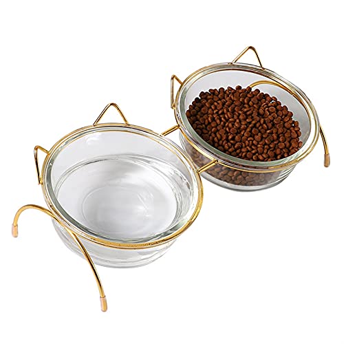 Glas Hund Katze Schüssel Welpen Lebensmittelschüssel mit Eisenrahmen Wasserzufuhrschüssel Food Bowl Pet Supplies (Color : Double Bowl Set) von Chenran