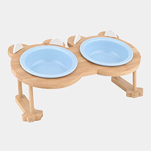 Keramik Welpe Katze Hund Hundeschüssel Einzelne und doppelte Lebensmittelschüssel zum Essen und Trinken mit Holzrahmen Haustiere liefert (Color : Blue 2 Bowls Set) von Chenran