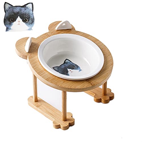 Keramik Welpe Katze Hund Hundeschüssel Einzelne und doppelte Lebensmittelschüssel zum Essen und Trinken mit Holzrahmen Haustiere liefert (Color : Blue cat 1 Bowl Set) von Chenran