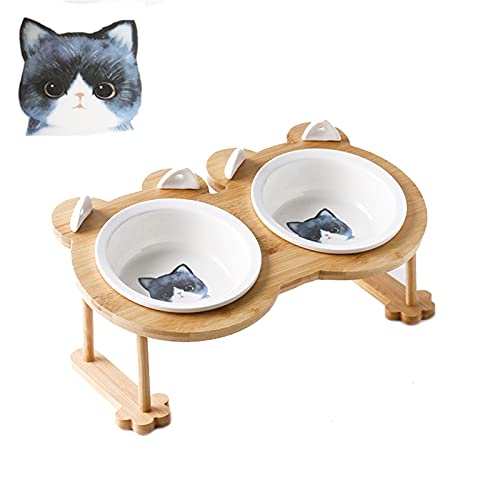 Keramik Welpe Katze Hund Hundeschüssel Einzelne und doppelte Lebensmittelschüssel zum Essen und Trinken mit Holzrahmen Haustiere liefert (Color : Blue cat 2 Bowl Set) von Chenran
