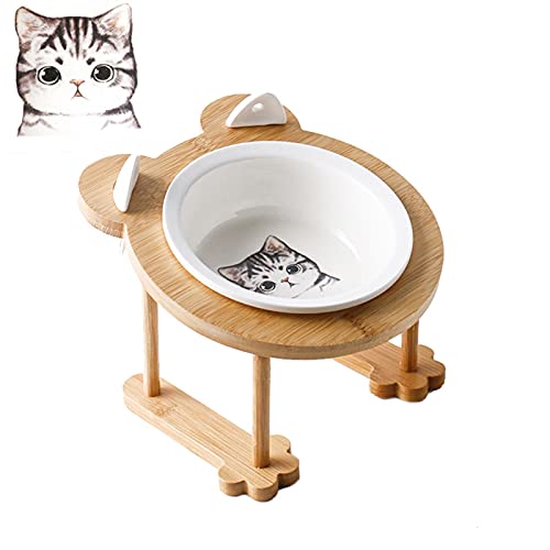 Keramik Welpe Katze Hund Hundeschüssel Einzelne und doppelte Lebensmittelschüssel zum Essen und Trinken mit Holzrahmen Haustiere liefert (Color : Gray cat 1bowl Set) von Chenran